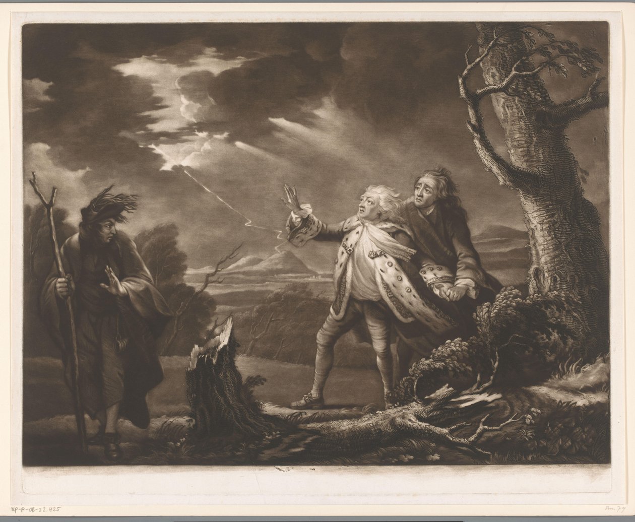 David Garrick als koning Lear met de graaf van Kent en Edgar vermomd als Tom in een stormachtig landschap door James McArdell