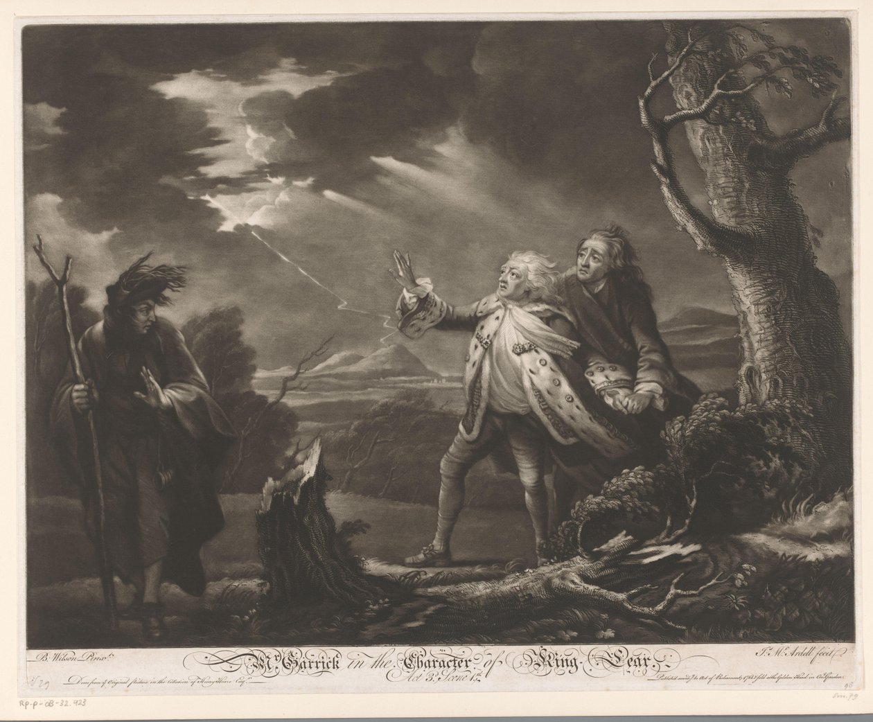 David Garrick als koning Lear met de graaf van Kent en Edgar vermomd als Tom in een stormachtig landschap door James McArdell