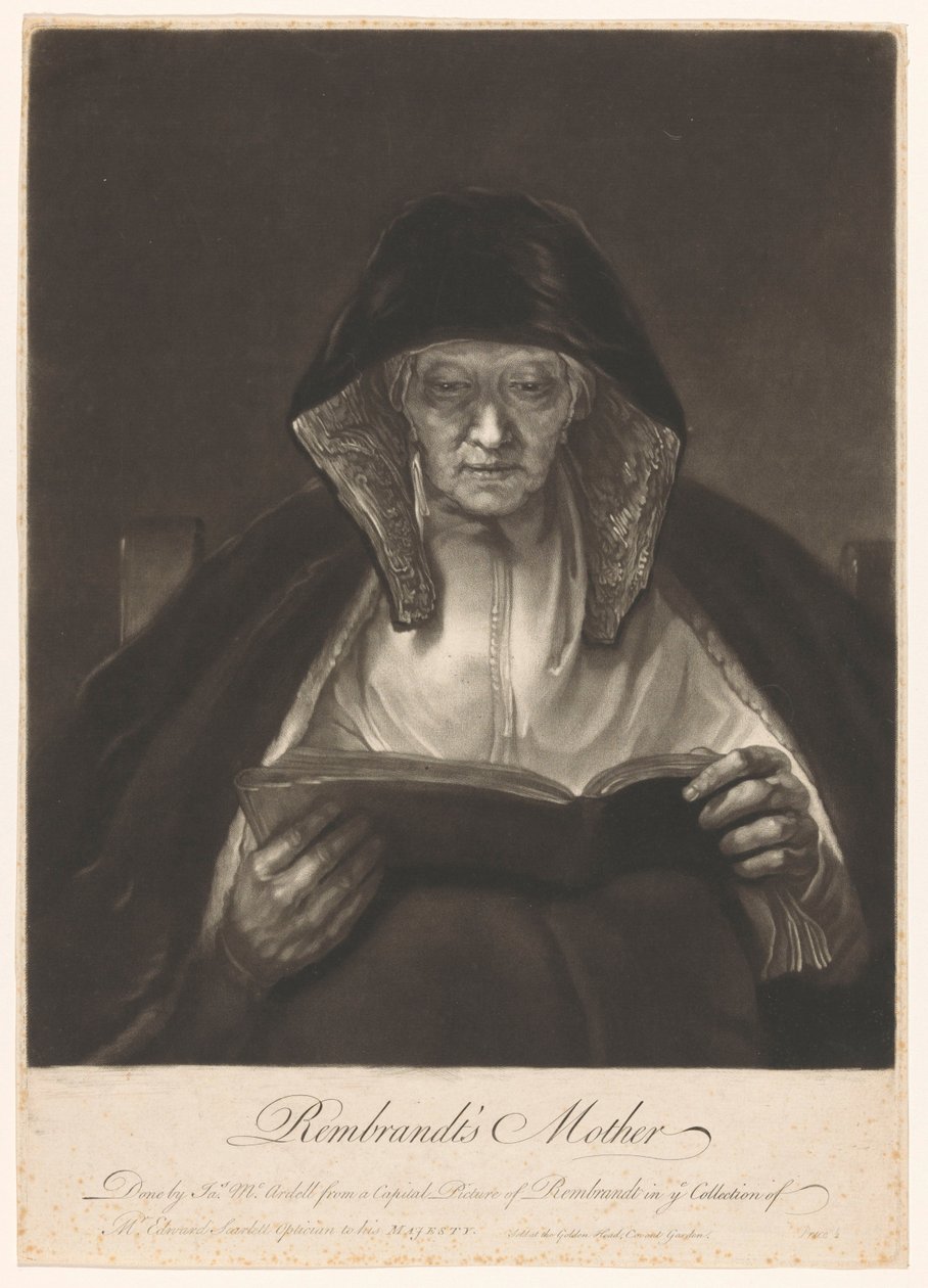 Portret van een oude lezende vrouw door James McArdell