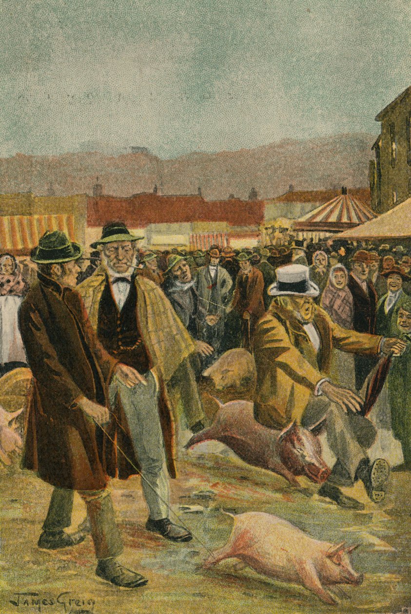 Een Ierse varkensmarkt (kleurenlitho) door James McGavin Greig
