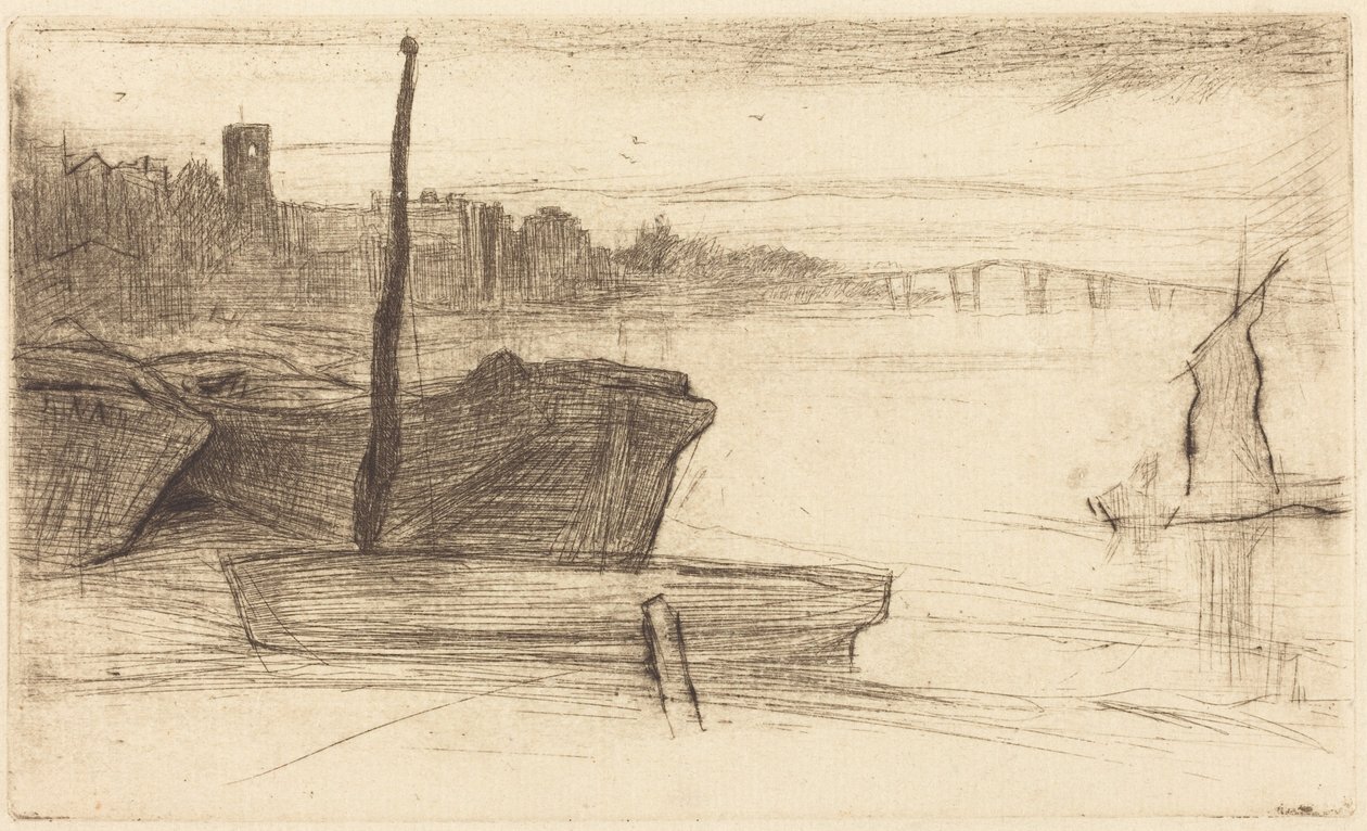 Chelsea Bridge en de kerk door James McNeill Whistler