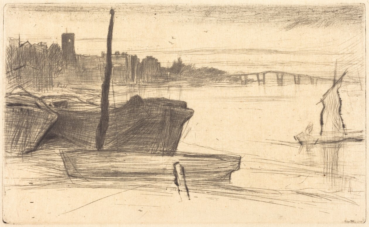 Chelsea Bridge en kerk door James McNeill Whistler