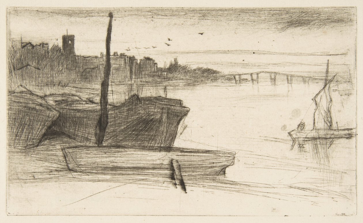 Chelsea Bridge en kerk door James McNeill Whistler