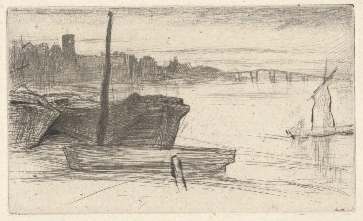 Chelsea Bridge en de kerk, uit de Thames Set (een serie van zestien etsen met afbeeldingen van taferelen aan de Theems en andere onderwerpen) door James McNeill Whistler