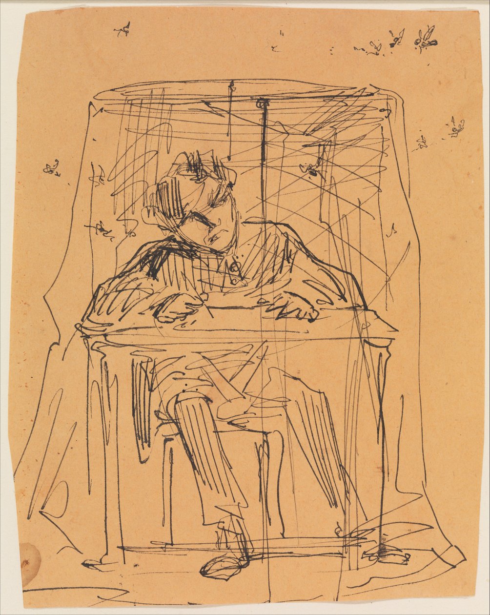 Mann am Tisch unter einem Moskitonetz (aus Skizzenbuch) door James McNeill Whistler