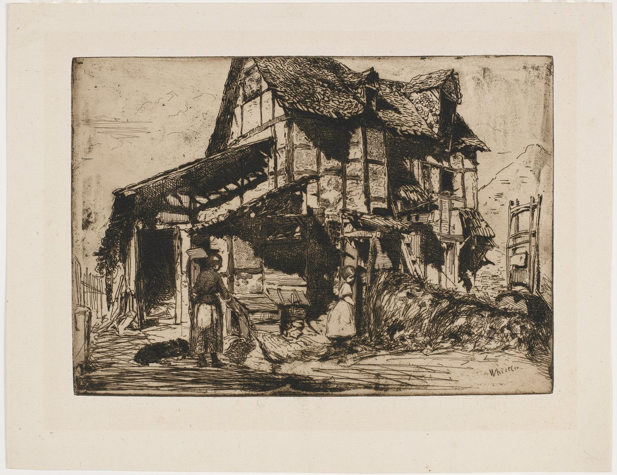 Het onveilige huurhuis. Een van de twaalf etsen uit de natuur. (De Franse set) door James Abbott McNeill Whistler