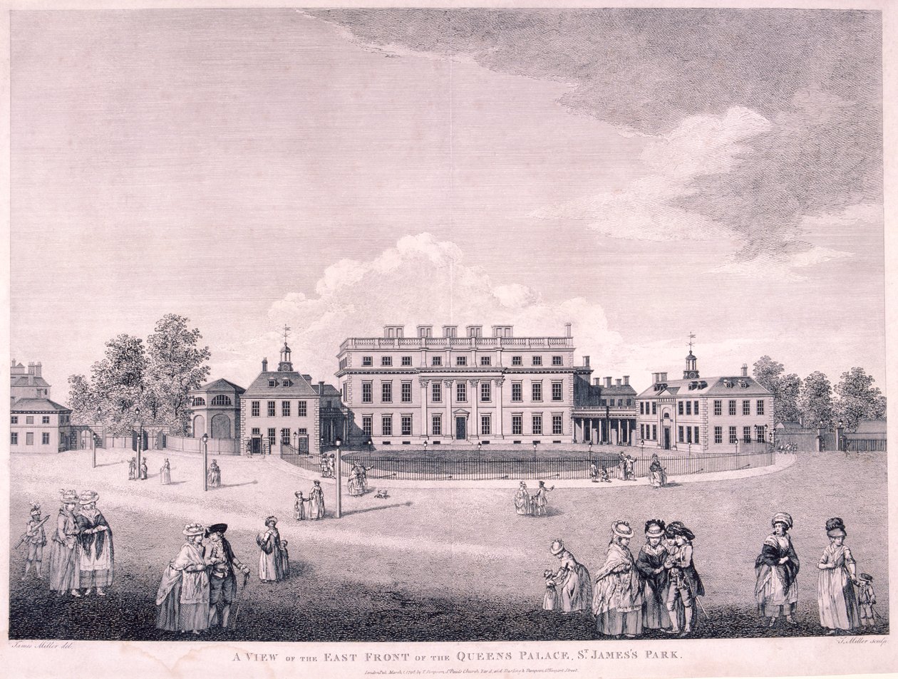 Oostelijke voorzijde van Buckingham House, Westminster, Londen, 1796 door James Miller