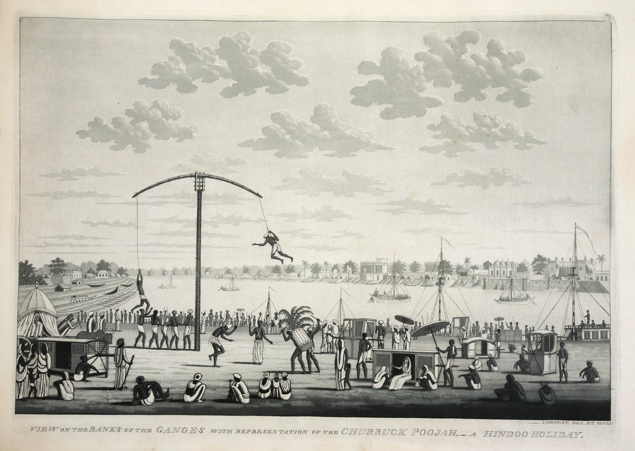 Uitzicht op de Oevers van de Ganges met voorstelling van de Churruck Poojah door James Moffat