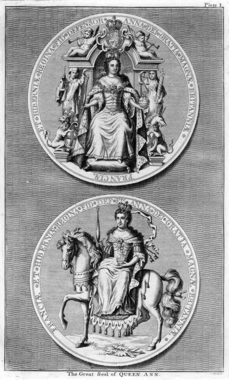 Het grote zegel van koningin Anne van Groot-Brittannië door James Mynde