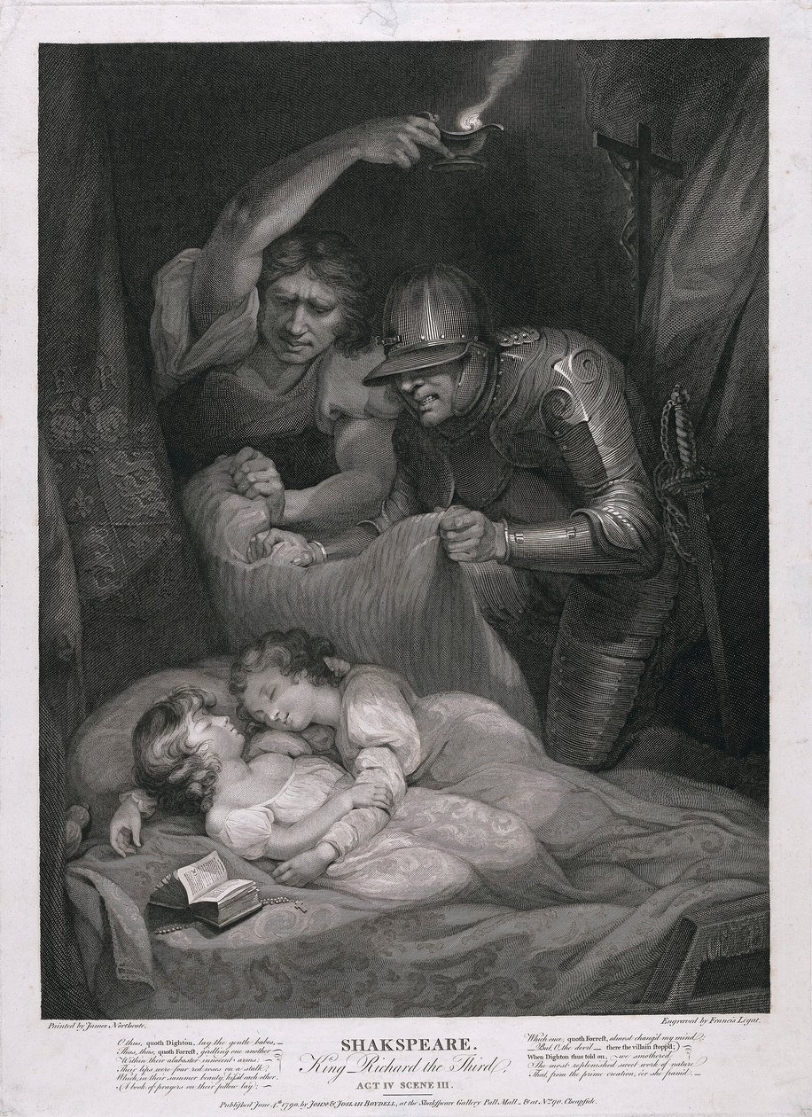 Koning Richard de Derde: Act IV, Scene III De moord op de prinsen in de toren, uitgegeven 1790 door James Northcote