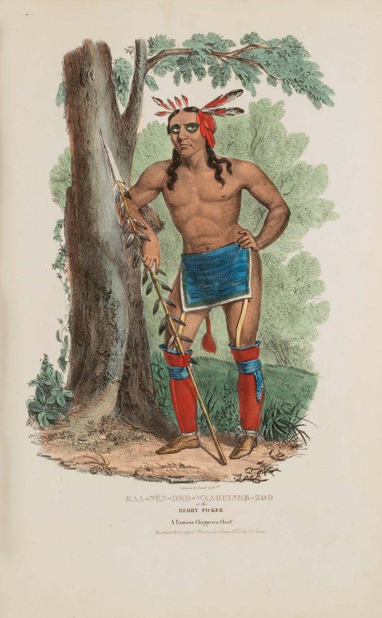 KAA-NUN-DER-WAAGUINSE-ZOO of de Bessenplukker; een beroemd Chippewa opperhoofd, uit de Aboriginal Portfolio door James Otto Lewis