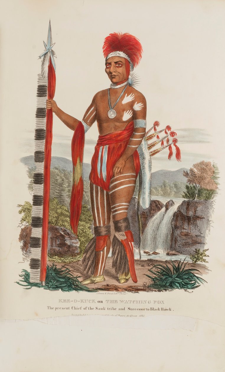 KEE-O-KUCK of The Watching Fox; Het huidige opperhoofd van de Sauli stam en de opvolger van Zwarte Havik, uit De Aboriginal Portfolio door James Otto Lewis