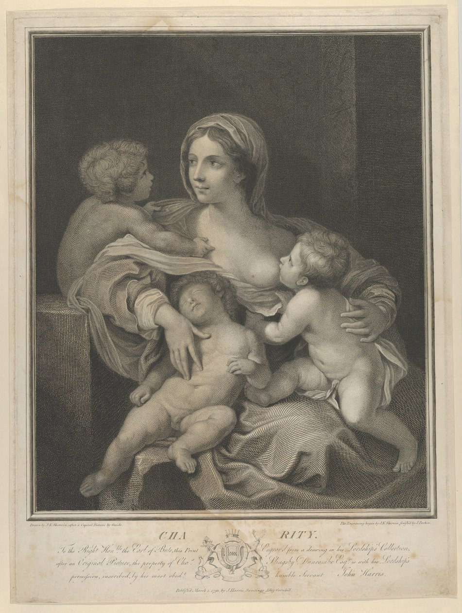 Liefdadigheid zittend met een zuigeling, een ander slapend op haar schoot en een derde pratend met haar, 1793 door James Parker
