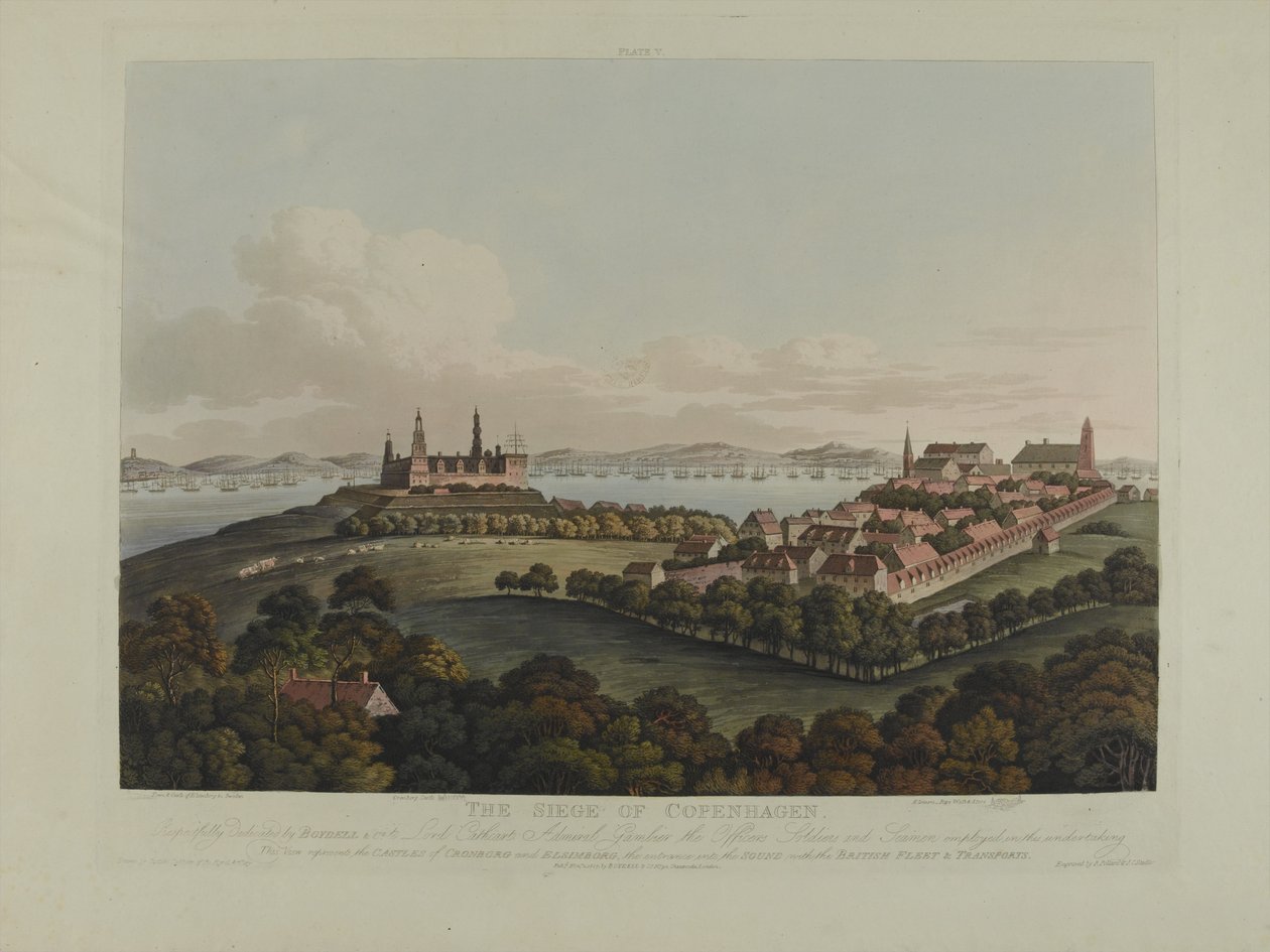 Denemarken 1807: Het beleg van Kopenhagen, gegraveerd door Robert Pollard (1792-1867) en Joseph Constantine Stadler (1780-1812) gepubliceerd in 1807 door James Pattison Cockburn