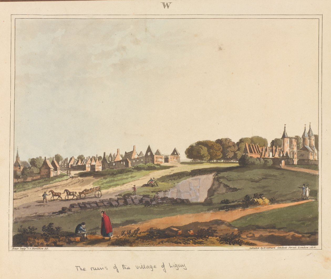 ?De Ruïnes van het Dorp Ligny?, 1815 door James Rouse
