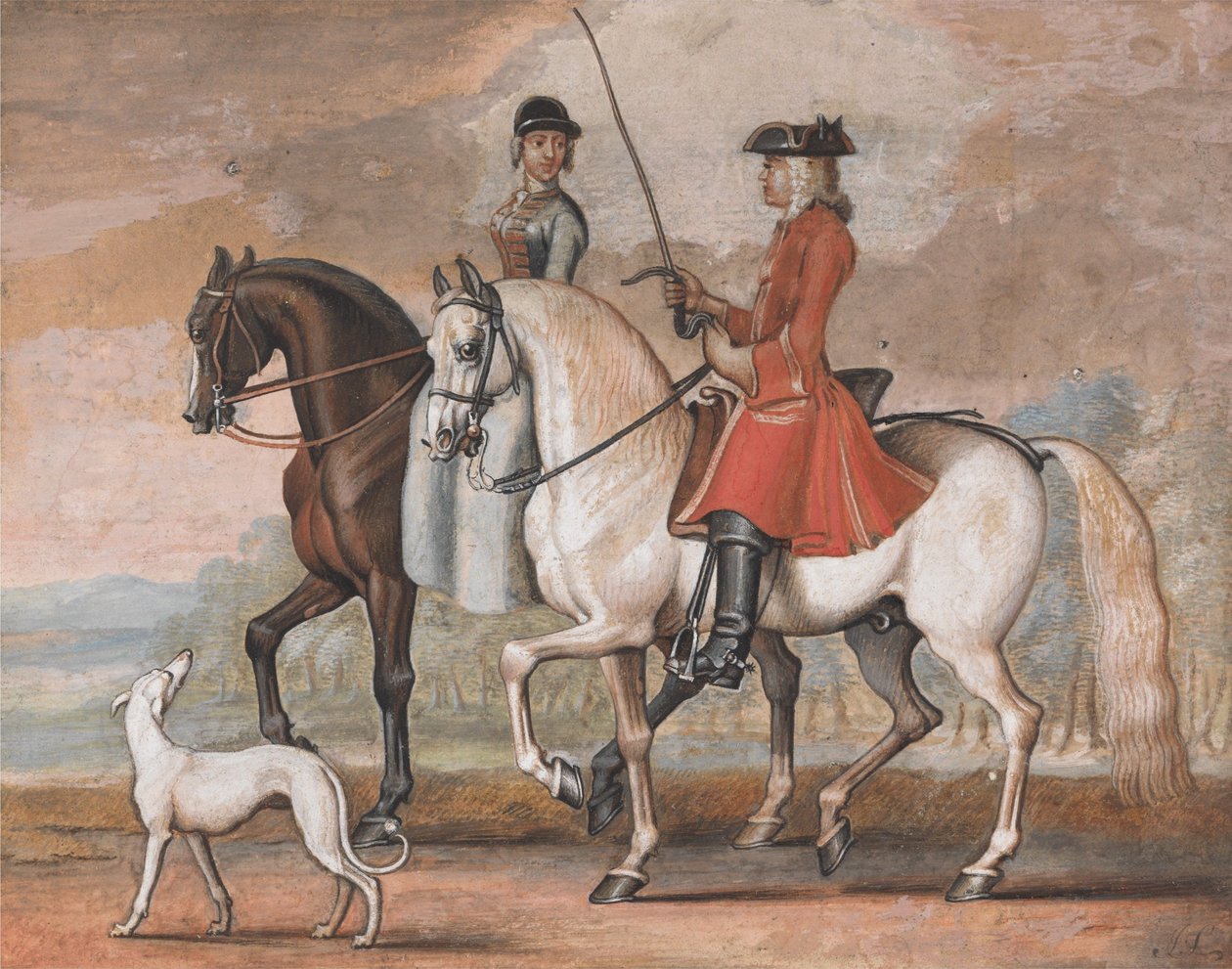 Een heer op een getraind paard die met een dame uitrijdt door James Seymour