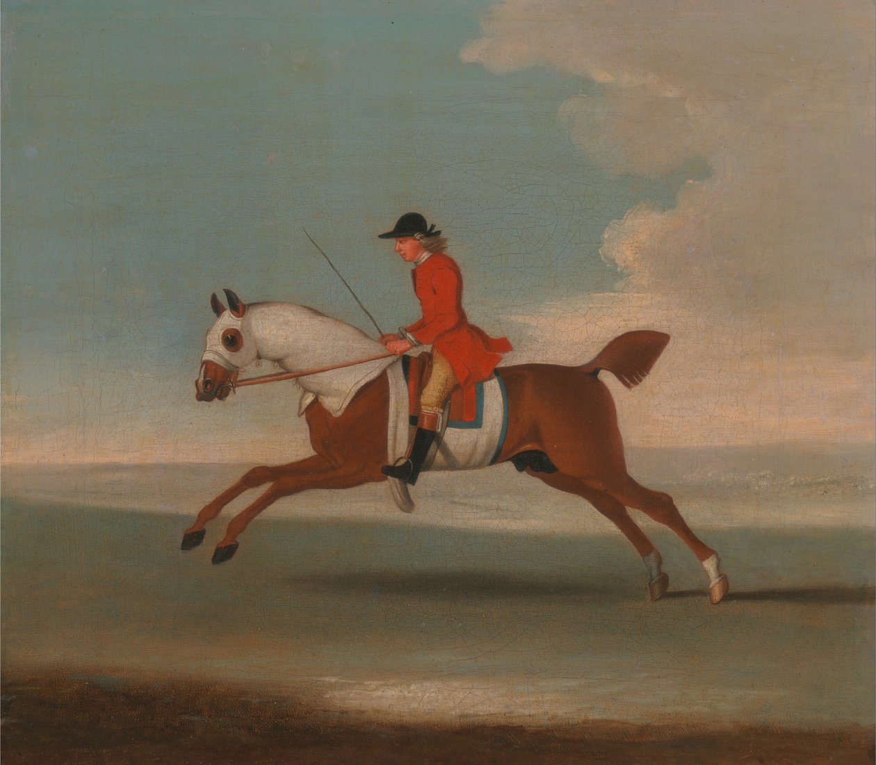 Een van de vier portretten van paarden - een voskleurig renpaard getraind door een trainer in een rode jas: galopperend naar links, het paard draagt witte zweetbedekkingen op hoofd, nek en lichaam door James Seymour