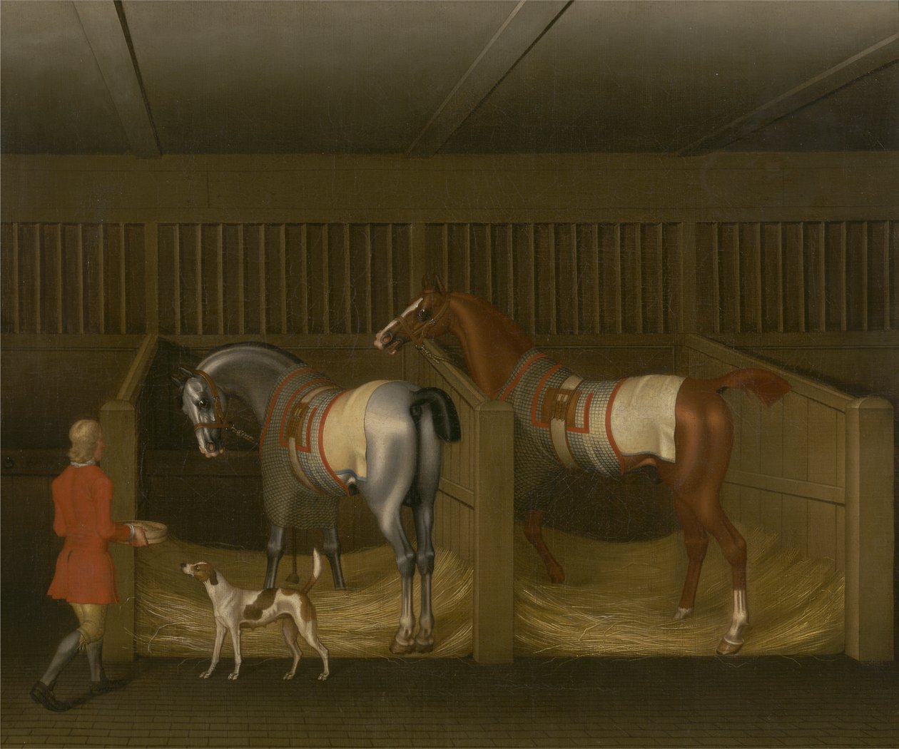 De stallen en twee beroemde renpaarden van Zijne Genade, de hertog van Bolton door James Seymour