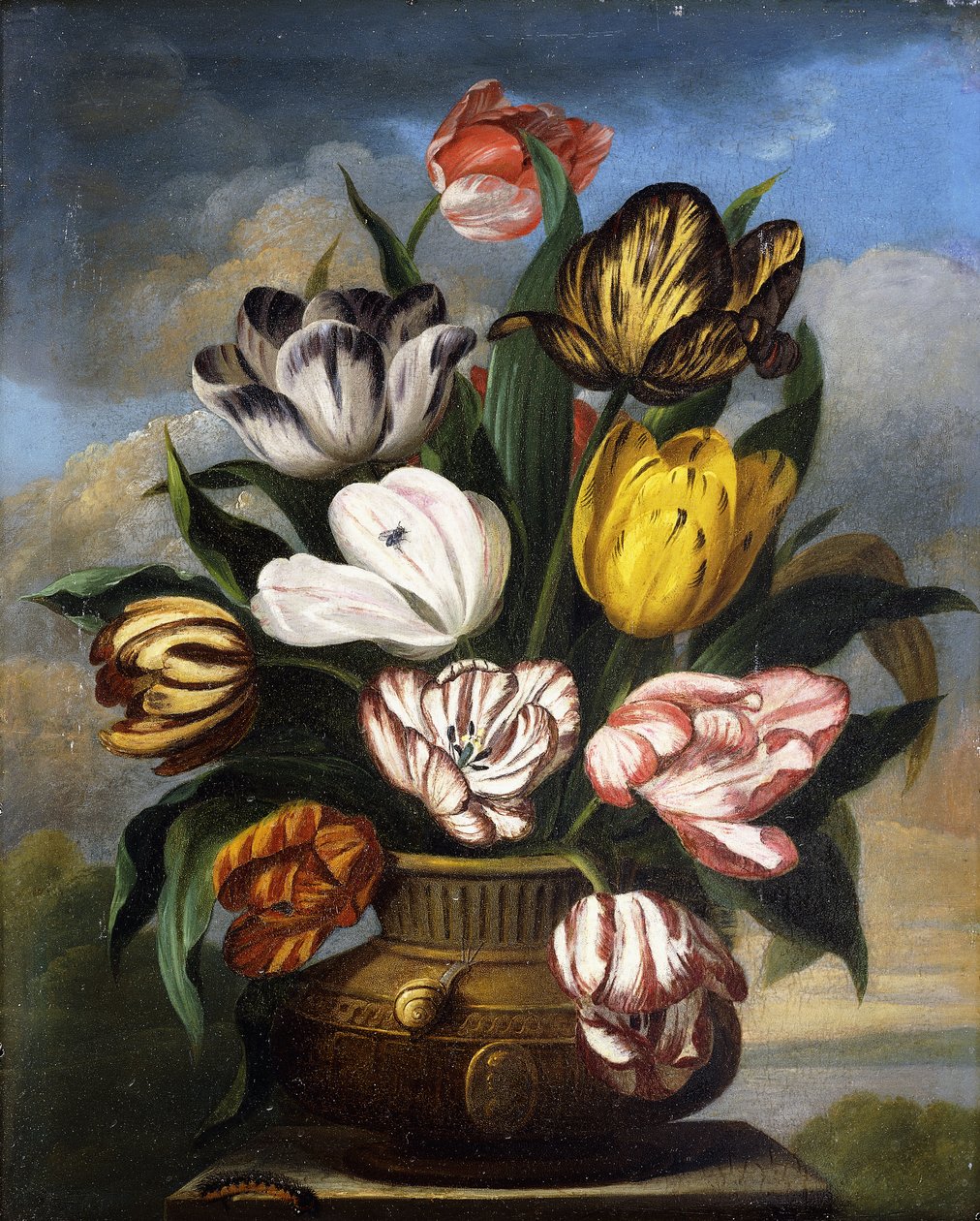 Tulpen in een Vaas, met een Rups, een Slak en een Vlieg, op een Sokkel in een Landschap, 1826 door James Sillett
