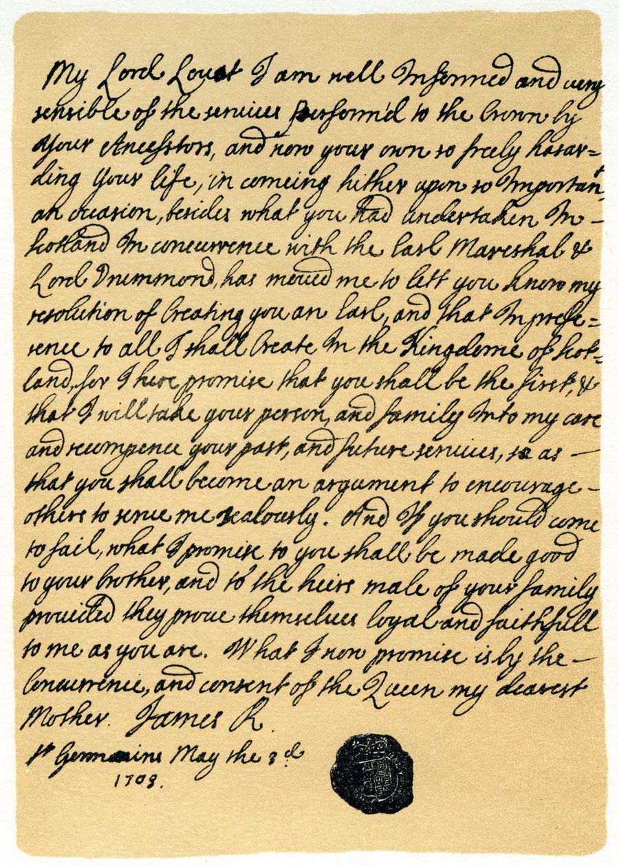 Brief van James Edward Stuart aan Simon Fraser, Lord Lovat, St Germains, 3 mei 1703 door James Stuart