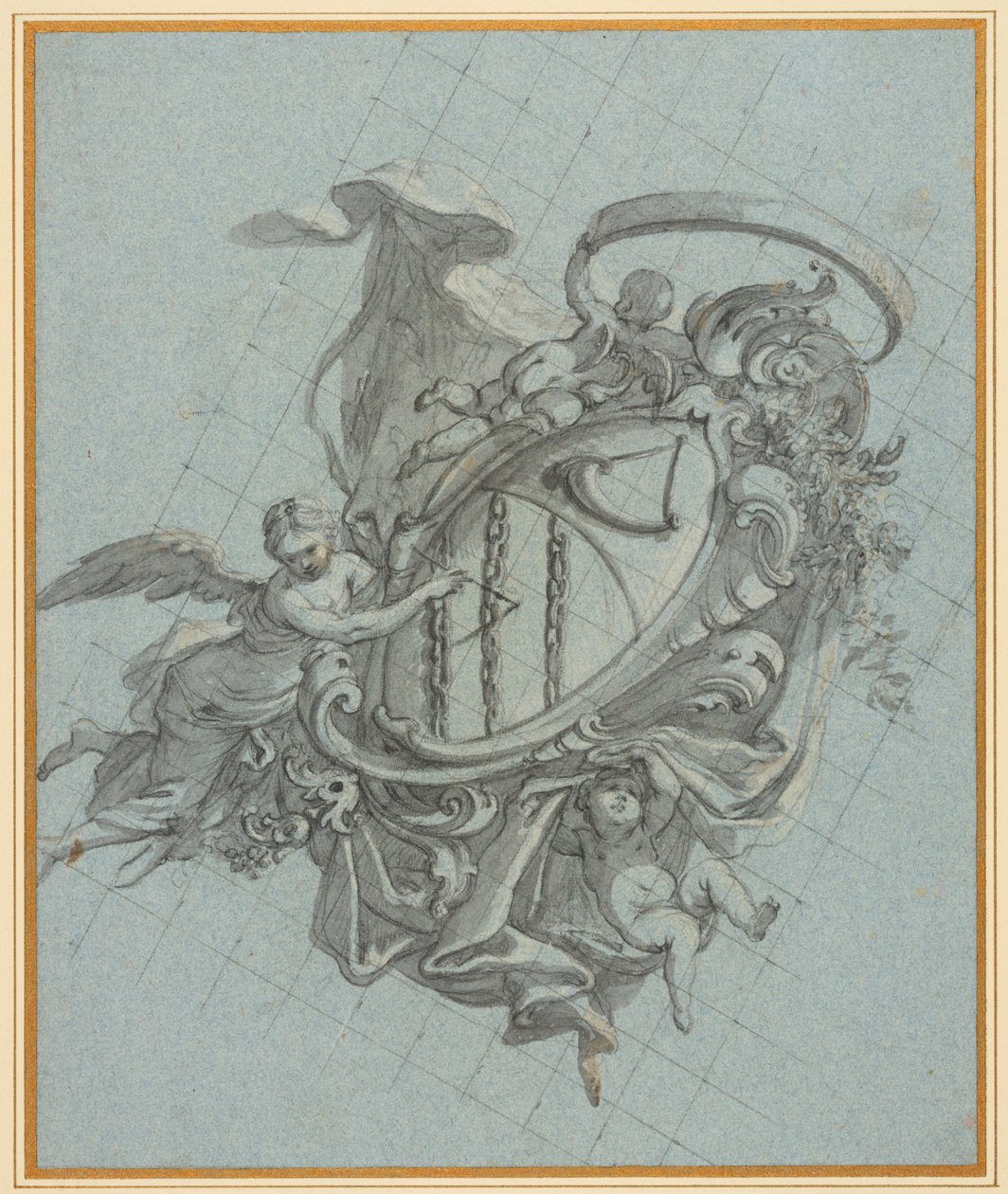 Een wapenschild met een hoorn en drie kettingen vastgehouden door een engel en twee putti door James Thornhill
