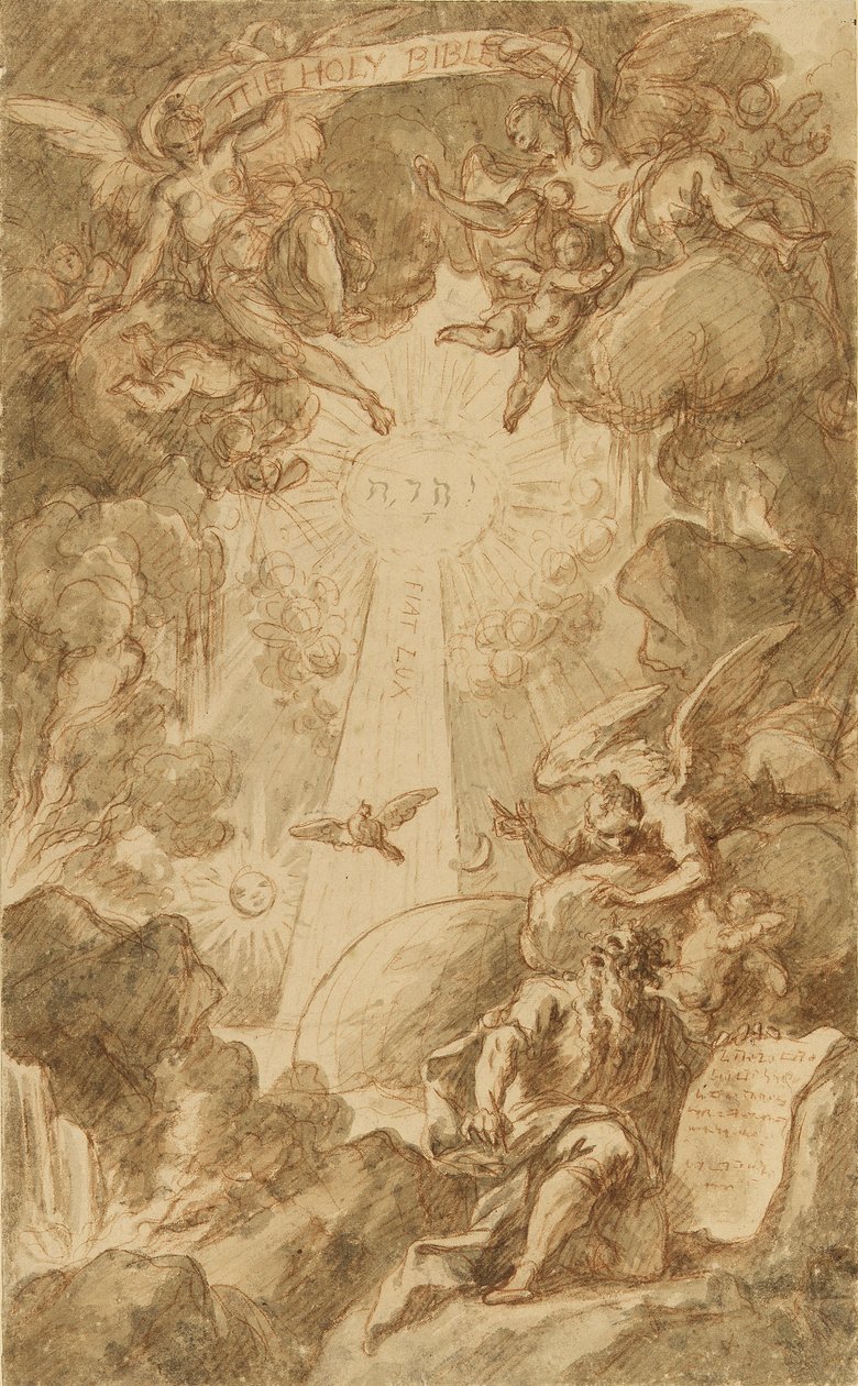 Voorbereidende tekening voor de gravure door C. du Bosc, voor de Kapelbijbel van het Royal Marine College. Werk (43x26.6 cm) door James Thornhill (1675-1734), begin 18e eeuw. door James Thornhill