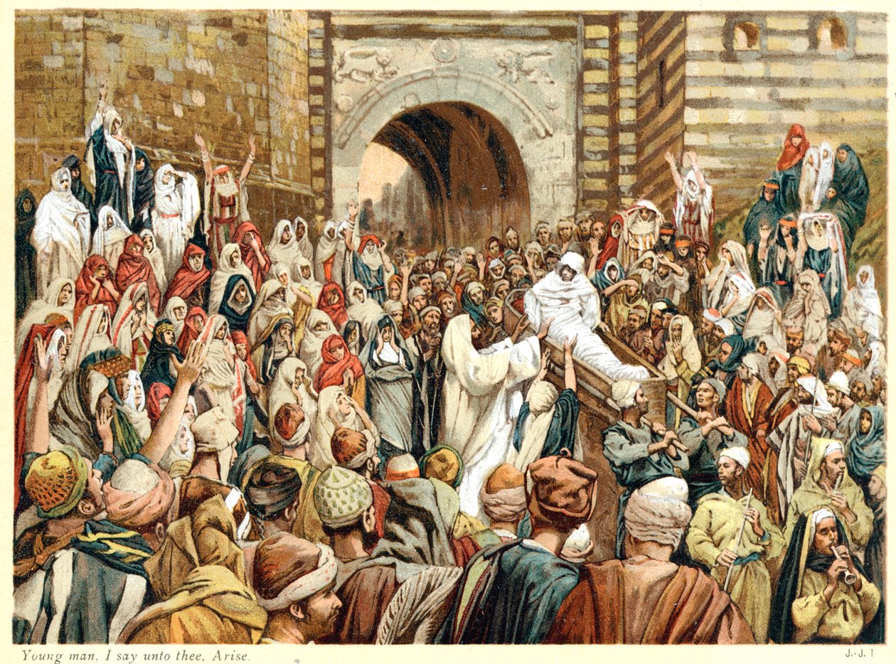 Jezus wekt de zoon van de weduwe op in Nain door James Tissot