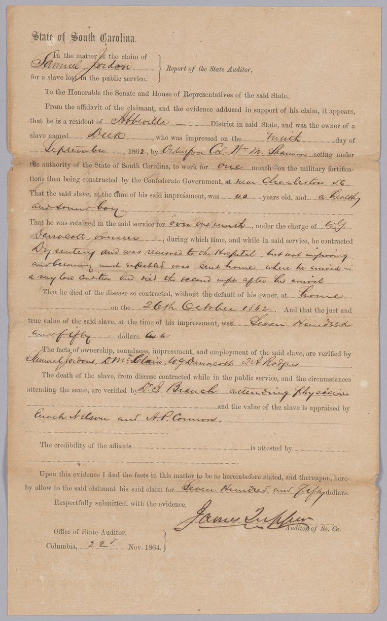 Claim toegekend door de Geconfedereerde staat South Carolina voor de slaaf Dick, 23 november 1864 door James Tupper