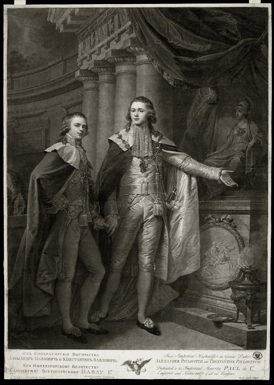 Portretten van de groothertogen van Rusland Alexander I Pavlovitch (1777-1825) en Constantin Pavlovitch (1779-1831) (1797) door James Walker