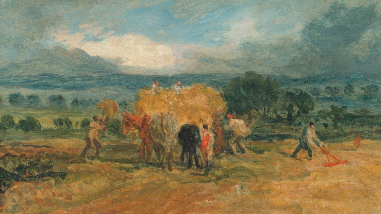 Een oogstscène met arbeiders die hooi op een boerenwagen laden door James Ward
