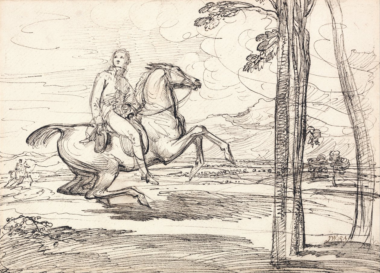 Een ruiter in een landschap: Waarschijnlijk een studie voor "Theophilus Levett Vossenjacht in Wychnor Park". door James Ward