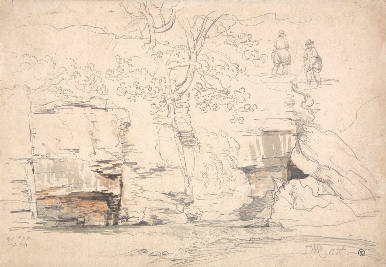 Rotsachtige heuvel met bomen en figuren door James Ward