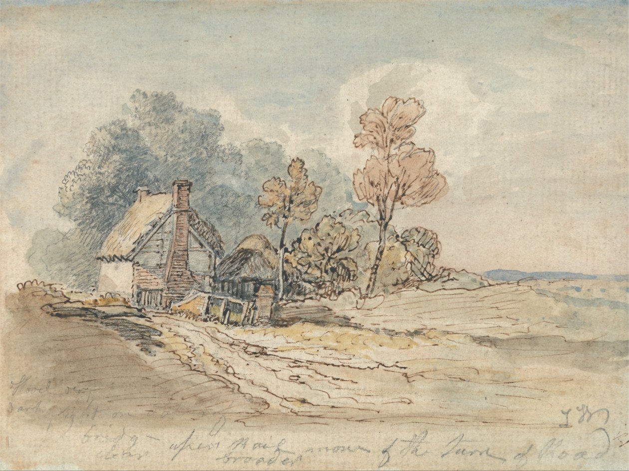 Een huisje met rieten daken en bomen in de bocht van een landweggetje door James Ward