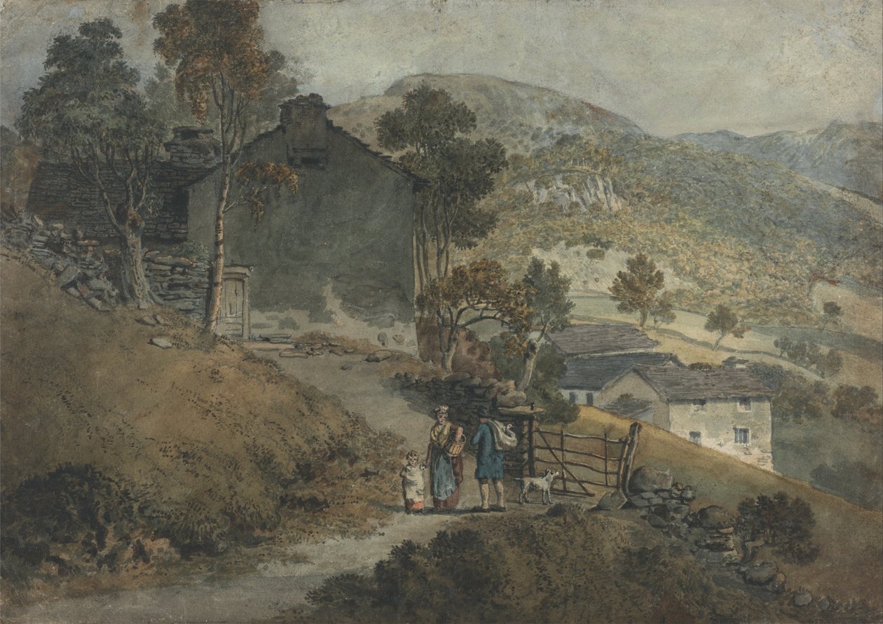 Landschap met huisjes en figuren door James Ward