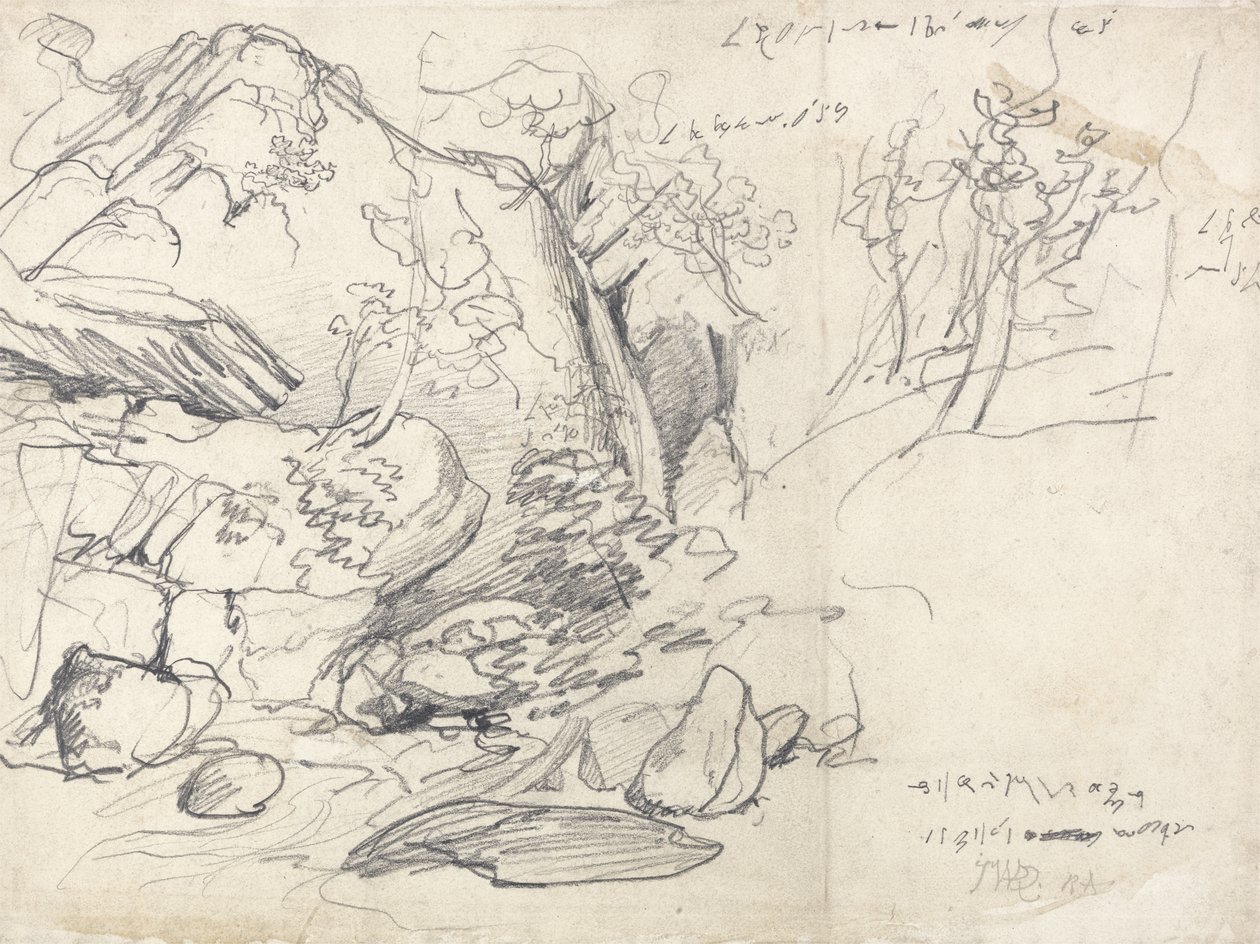 Studie van een berg met bomen door James Ward