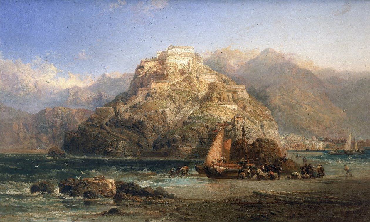 Uitzicht op San Sebastian (Spanje), in het midden, de berg Urgull en de gebouwen van het kasteel van Santa Cruz de la Mota. Olie op doek door James Webb (actief tussen 1853 en 1888) door James Webb