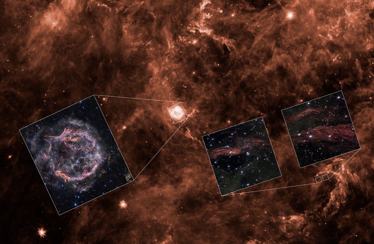 Cassiopeia A: licht weerkaatst (Spitzer-context) door James Webb Space Telescope (NASA)