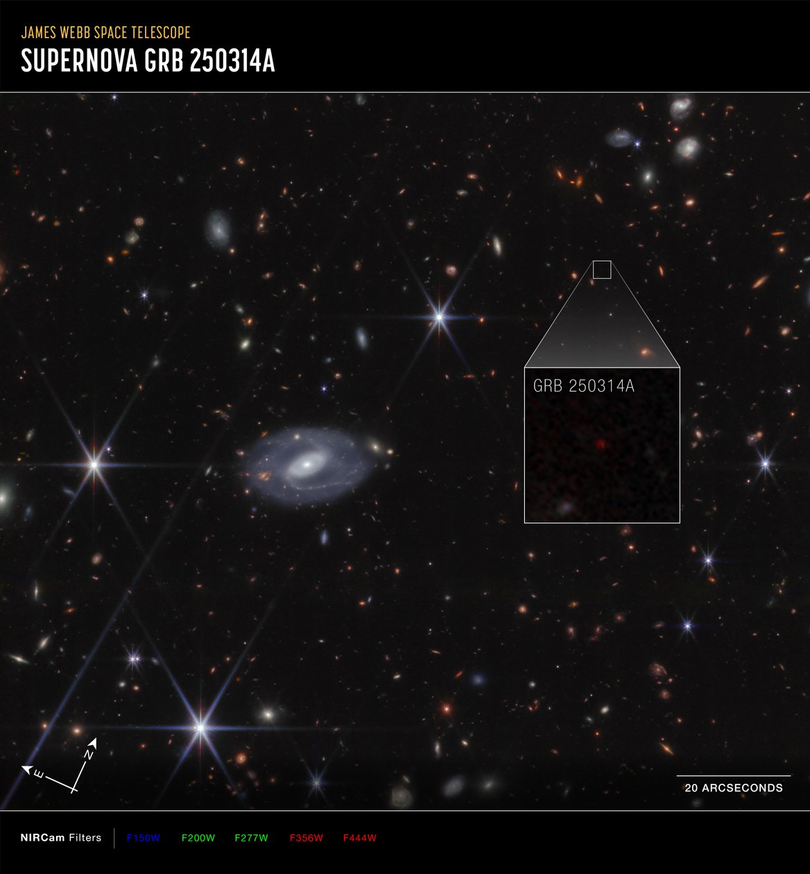 GRB 250314A – Uitvergroting (beeld van de Compass NIRCam) door James Webb Space Telescope (NASA)