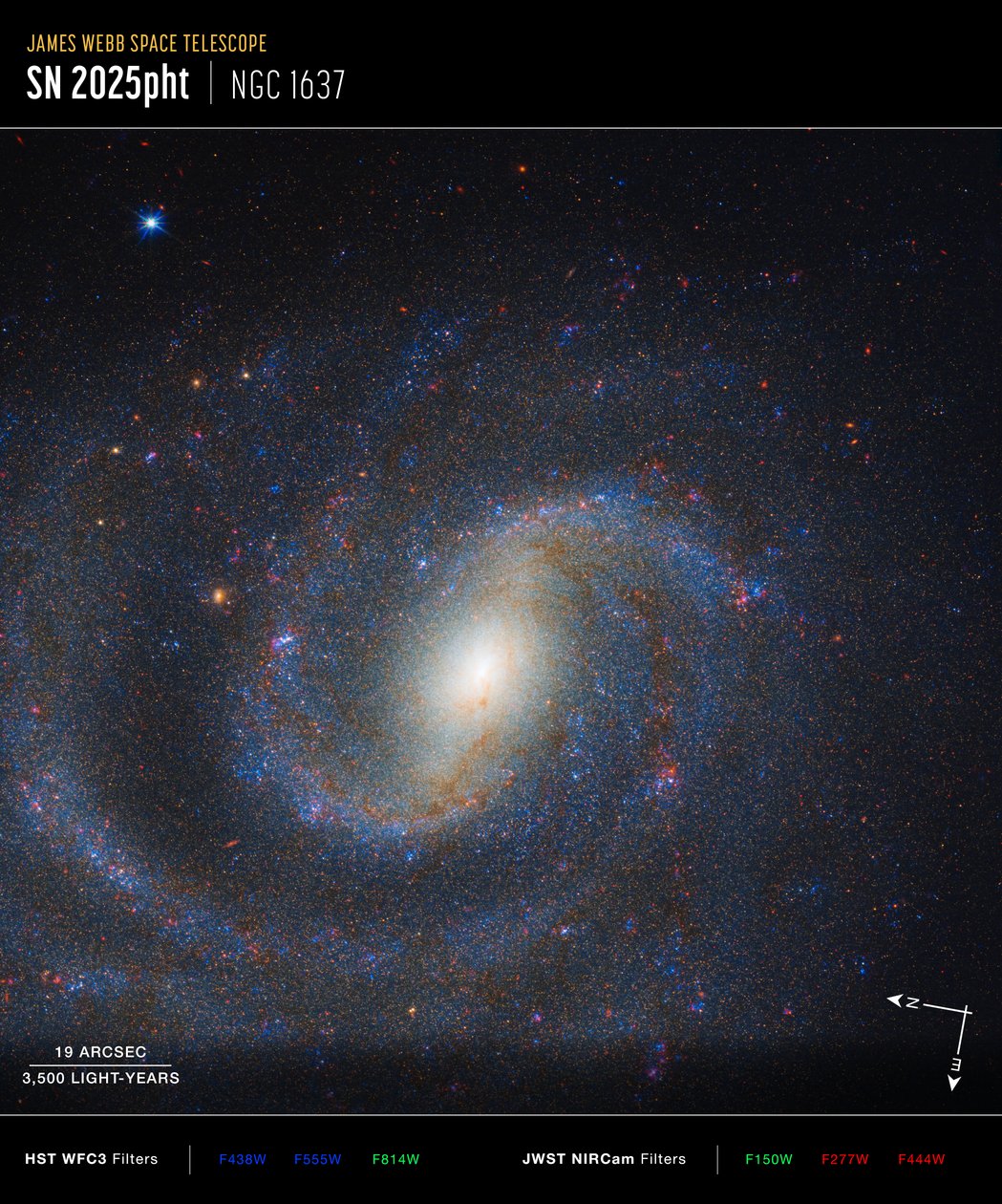 NGC 1637 – Compass-afbeelding door James Webb Space Telescope (NASA)