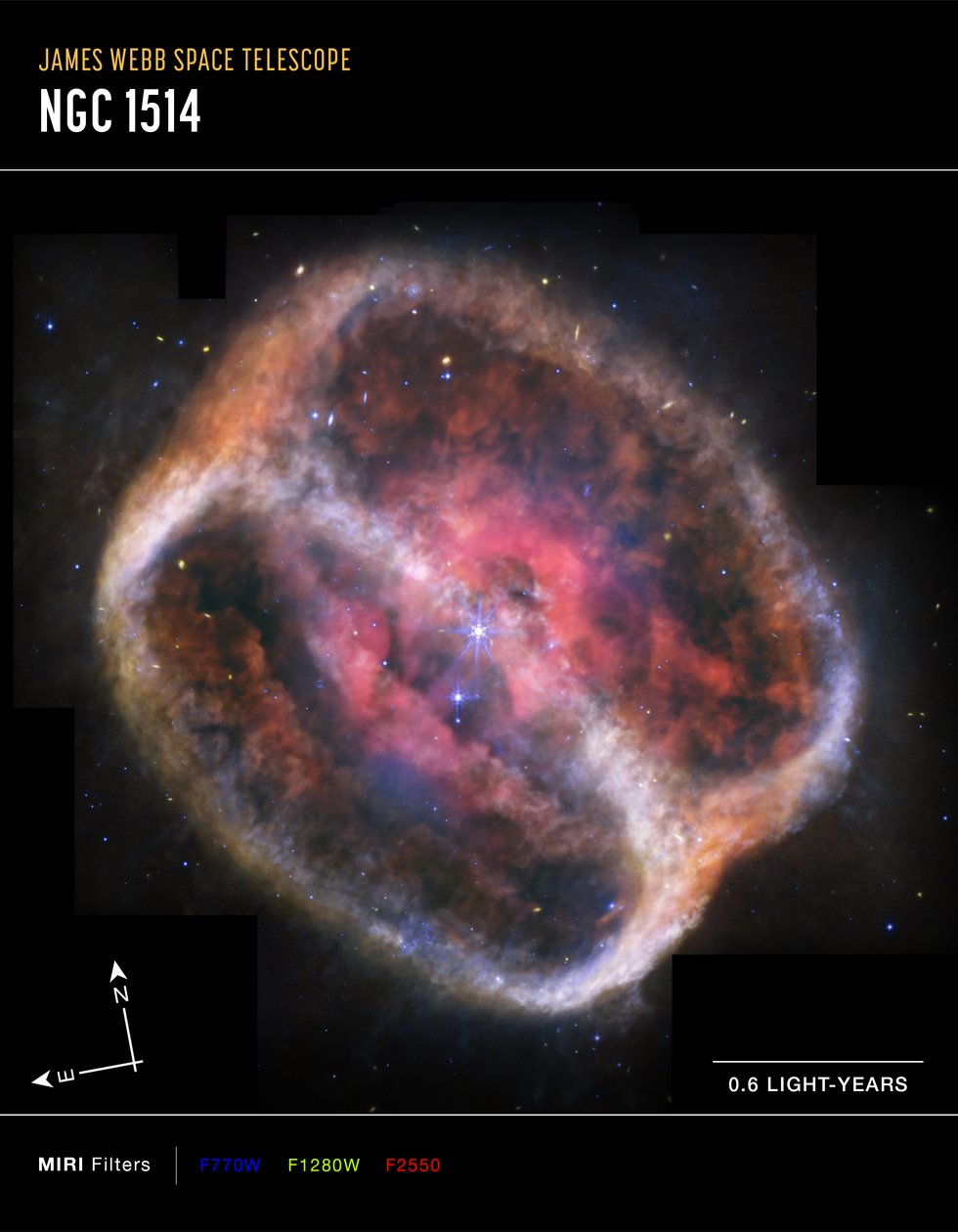 Planetaire nevel NGC 1514 (MIRI Compass-opname) door James Webb Space Telescope (NASA)