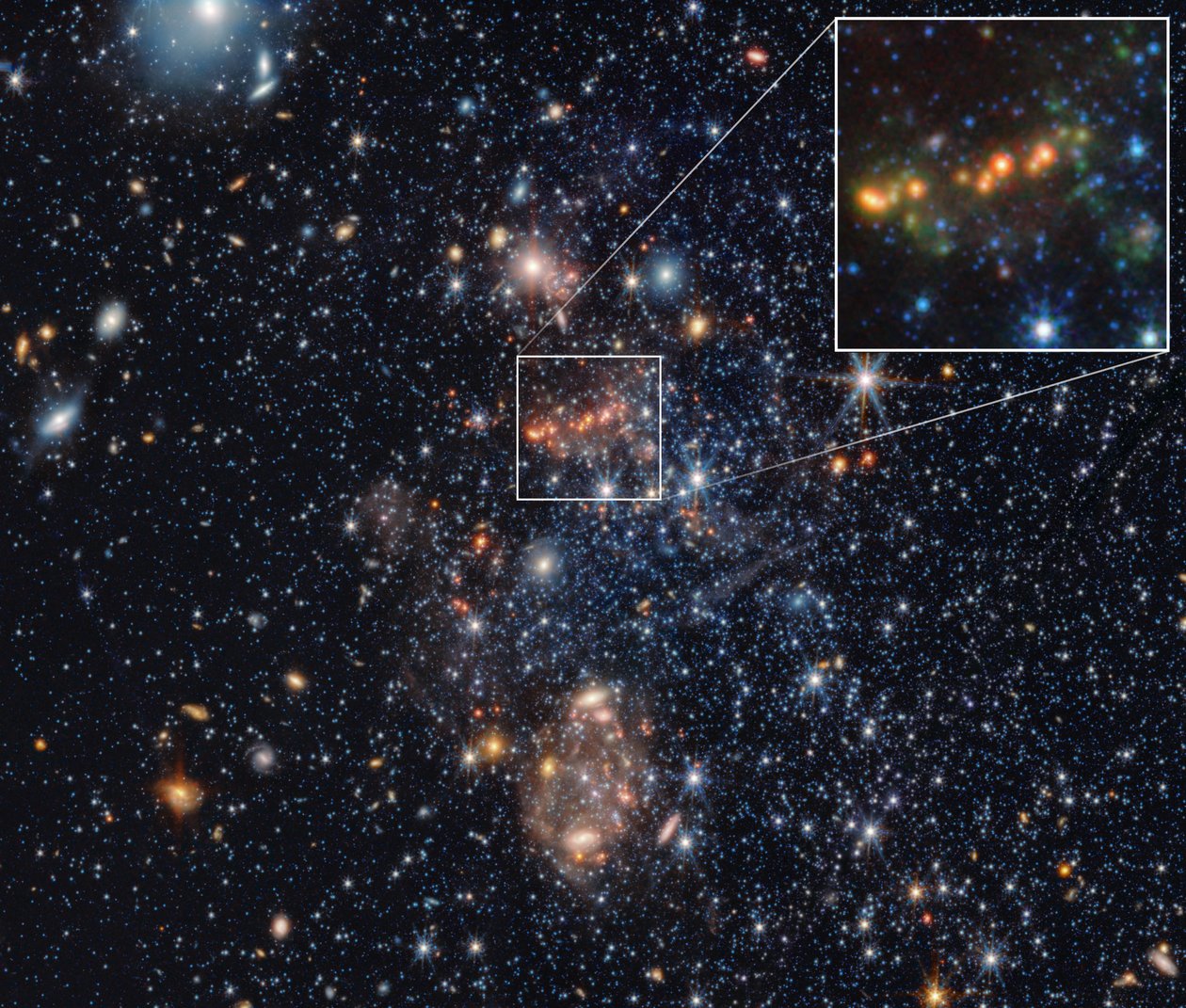 Sextans A: uitgesneden gebied met PAK’s (beelden van NIRCam en MIRI) door James Webb Space Telescope (NASA)