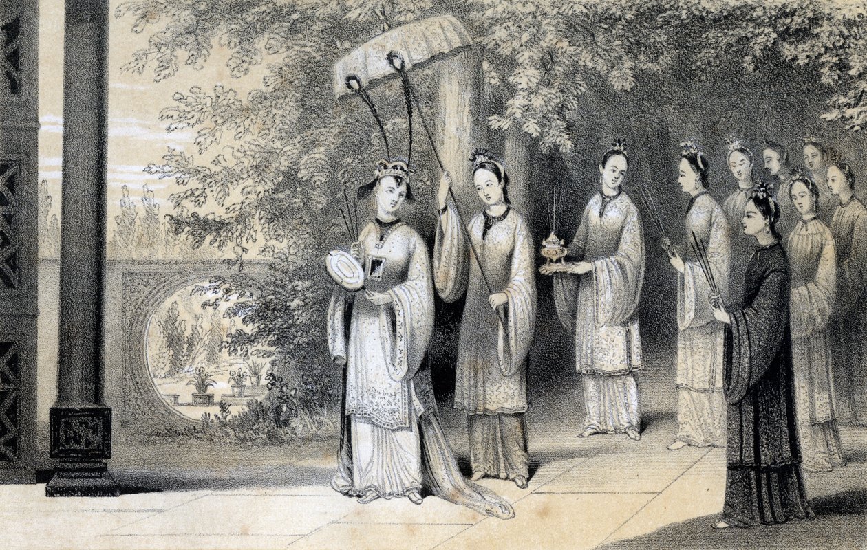 De keizerin en haar gevolg op weg naar de tempel vanuit het moerbeibos, 1847 door James William Giles