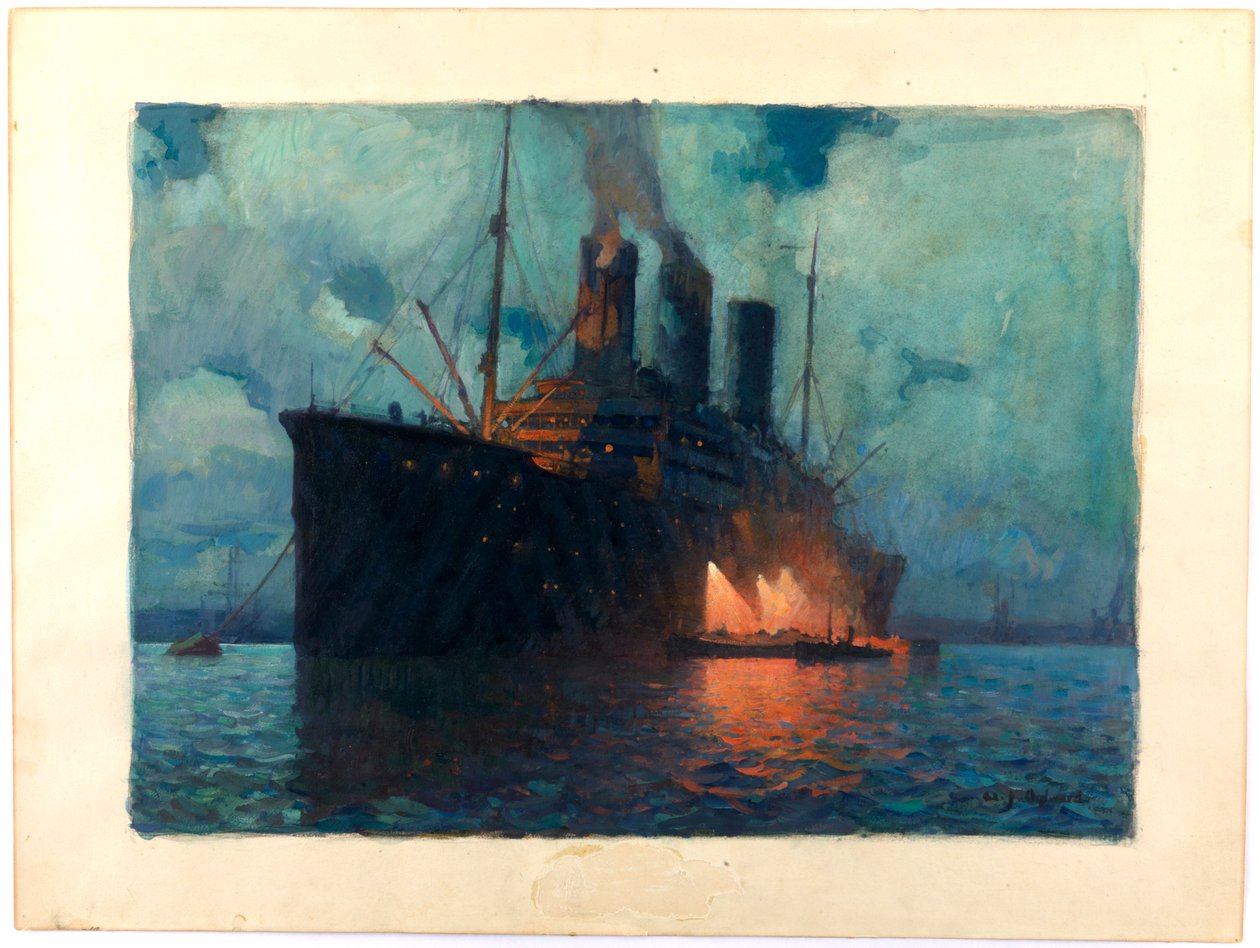 Coaling a Transport at Night, c.1919 (olieverf op karton) door James de Vine Aylward