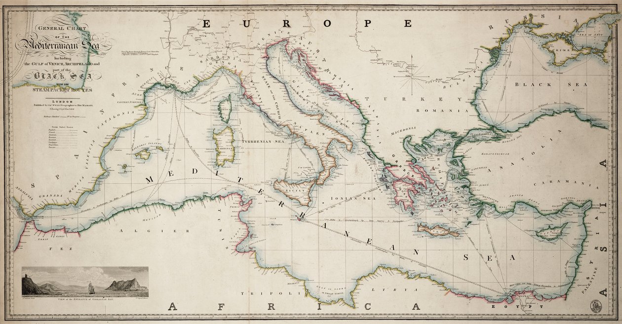Algemene kaart van de Middellandse Zee inclusief de Golf van Venetië, de Archipel en een deel van de Zwarte Zee met de stoombootroutes door James the Younger Wyld