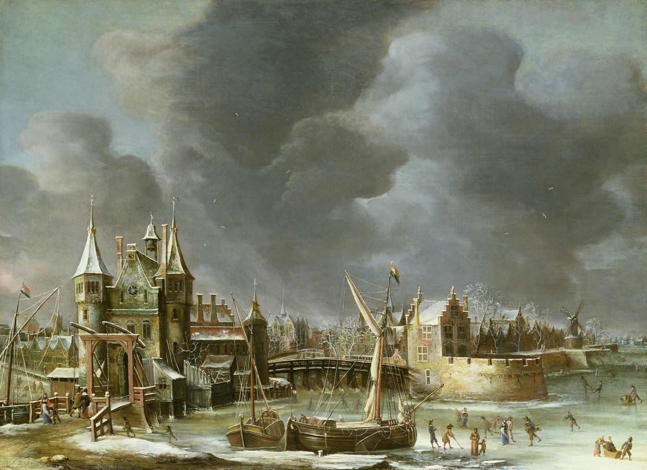 Een Zicht op de Regulierspoort, Amsterdam, in de winter door Jan Abrahamsz. Beerstraten