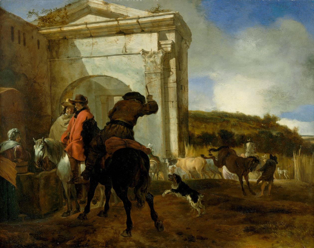Italiaans landschap met ruiters bij een bron door Jan Baptist Weenix