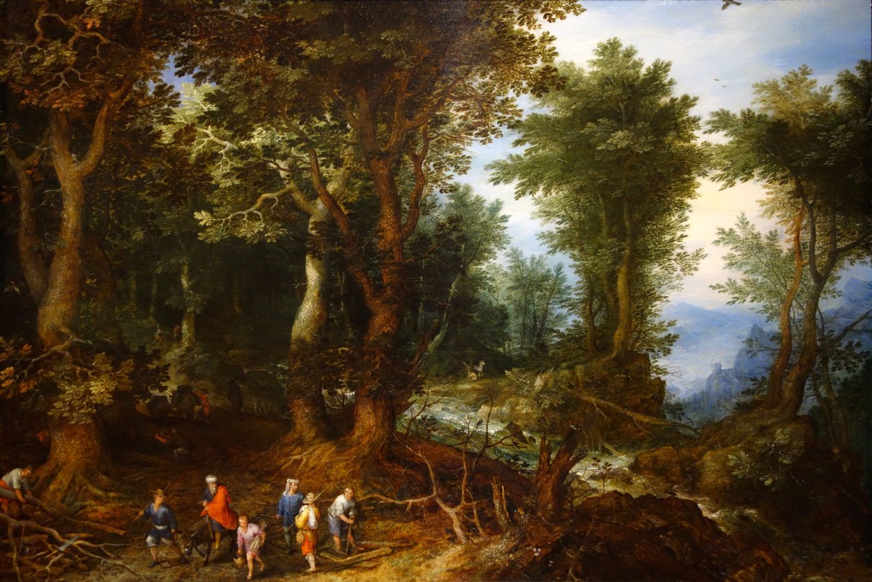 Boslandschap met Abraham en Isaac door Jan the Elder Brueghel