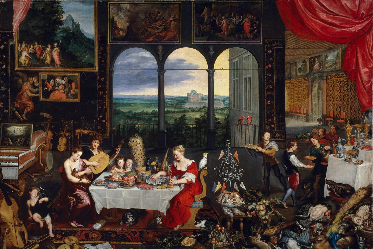 De zintuigen van horen, aanraken en proeven door Jan the Elder Brueghel