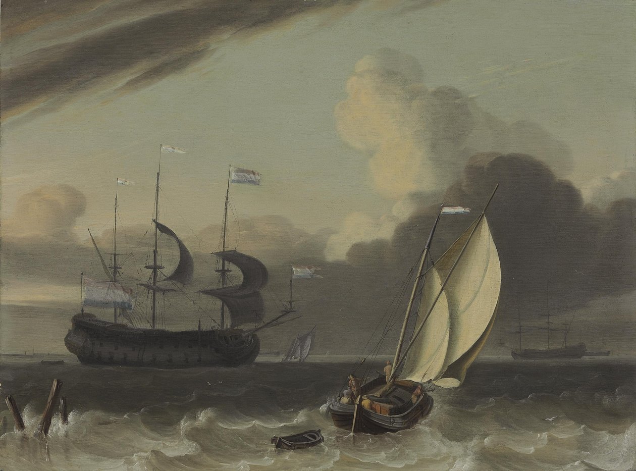 Een Nederlandse koopvaarder en een sprietzeilschuit in de wind door Jan Claesz Rietschoof