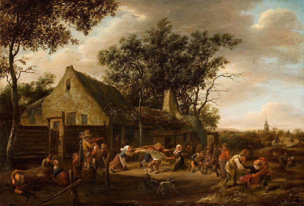 Dansende boeren bij een herberg door Jan Havickszoon Steen